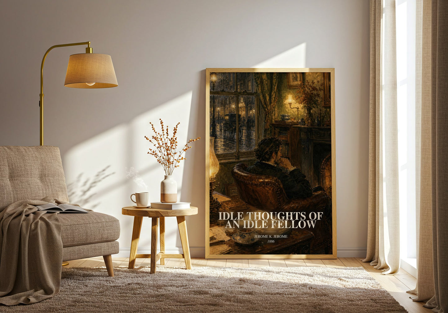 Idle Thoughts Of An Idle Fellow watercolour print in frame leaning in hallway – non fiction wall art