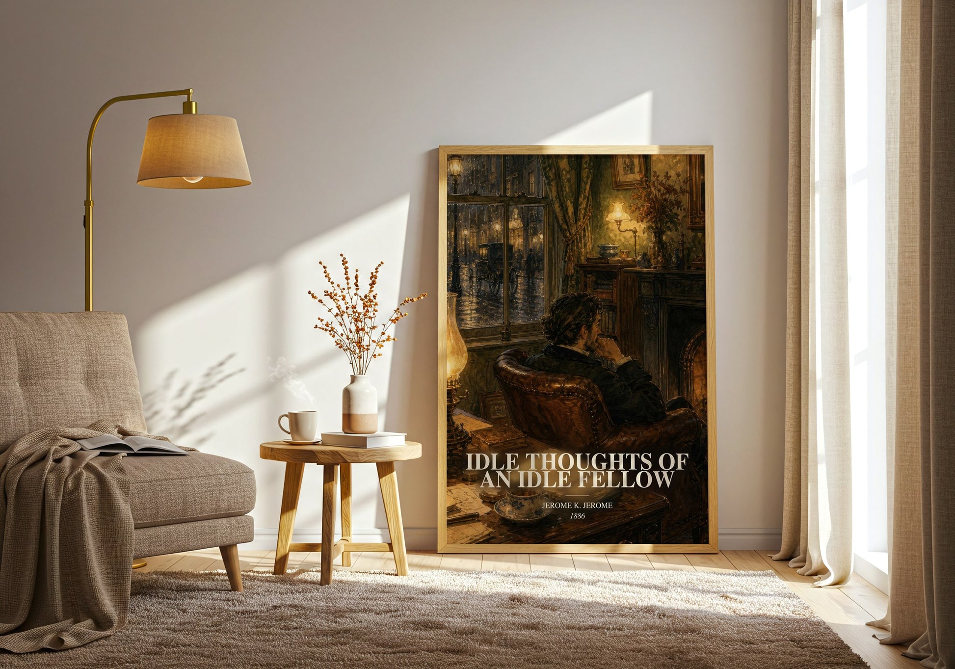 Idle Thoughts Of An Idle Fellow watercolour print in frame leaning in hallway – non fiction wall art