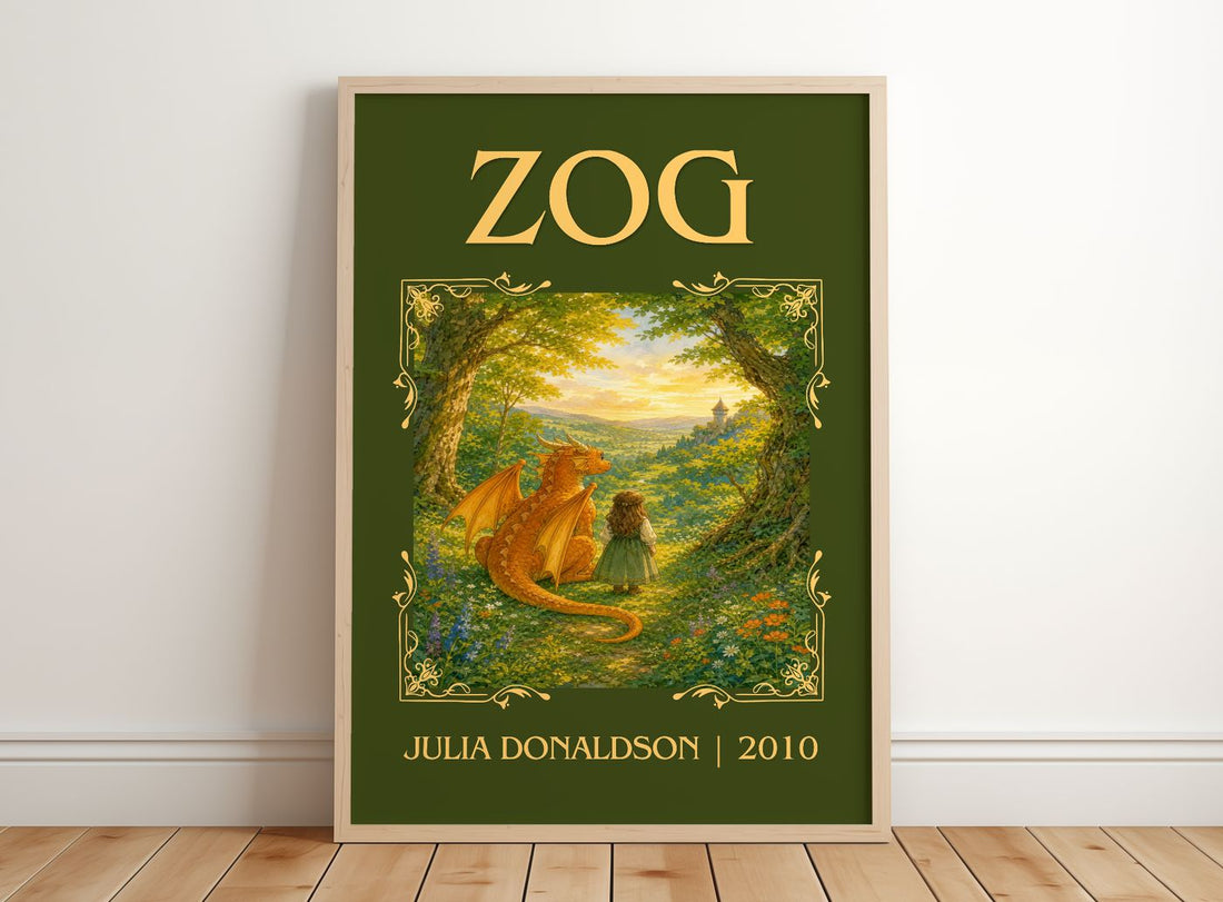 Zog Classic Book Art Print by Julia Donaldson – framed print leaning on a wooden floor