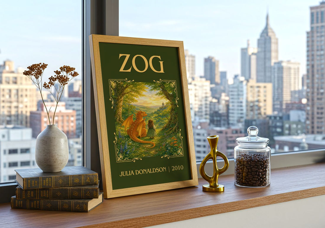 Zog Classic Book Art Print by Julia Donaldson – framed print on a city-view windowsill