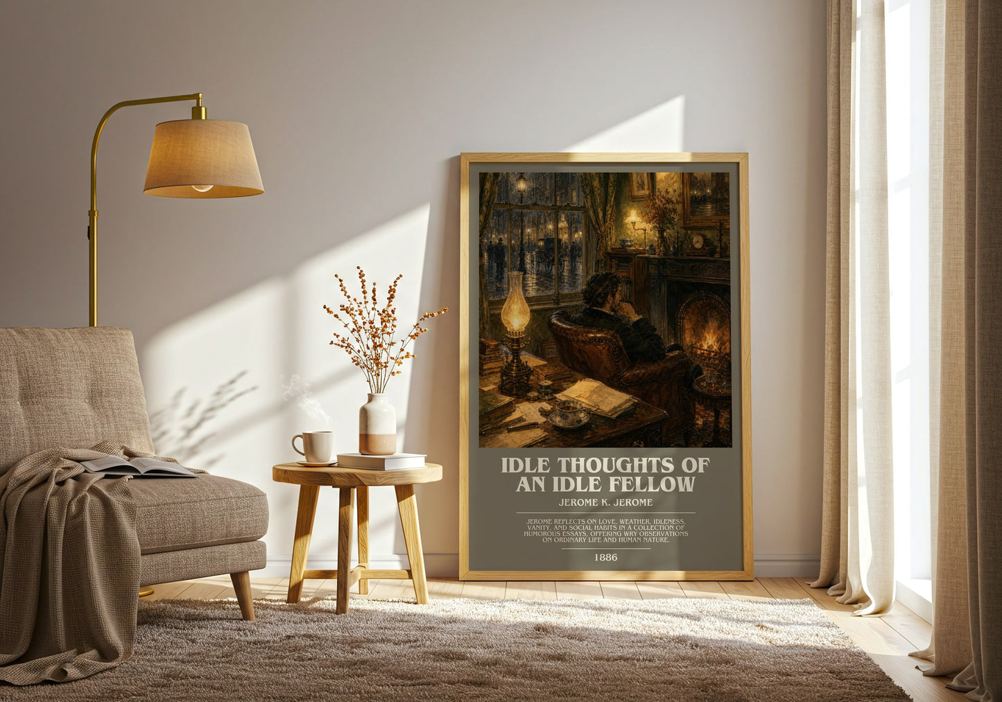 Idle Thoughts Of An Idle Fellow bookish print on bookshelf – Jerome K. Jerome fan gift