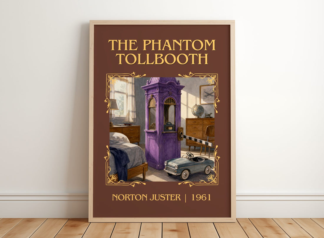 The Phantom Tollbooth Classic Book Art Print by Norton Juster – framed print leaning on a wooden floor