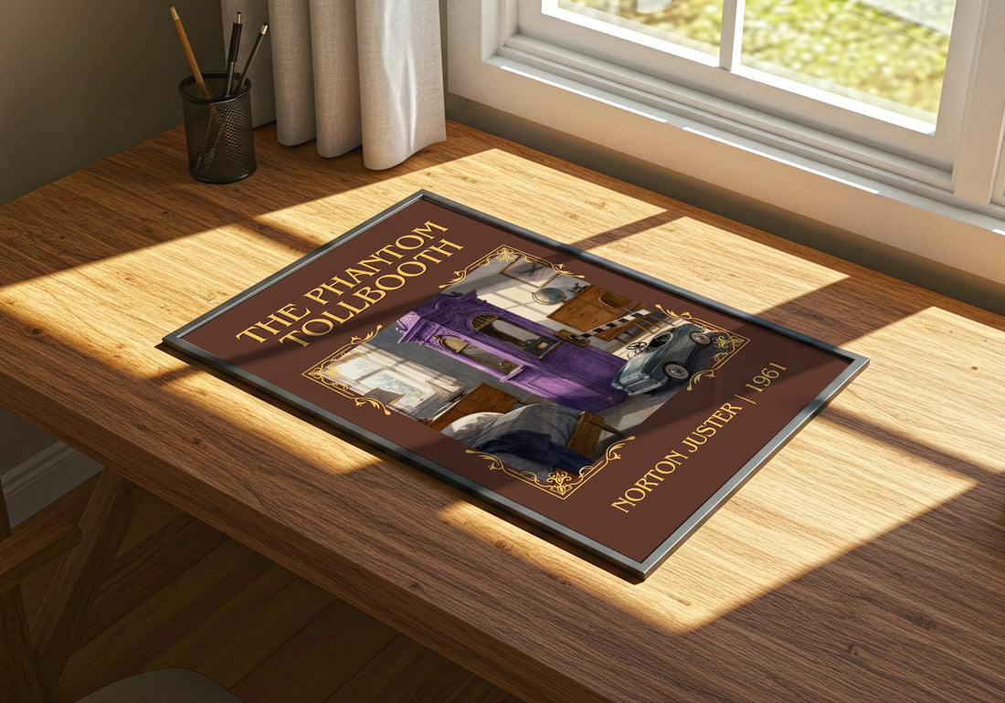 The Phantom Tollbooth Classic Book Art Print by Norton Juster – print on a sunlit desk