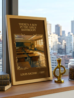 There's a Boy in the Girls' Bathroom Classic Book Art Print by Louis Sachar – framed print on a city-view windowsill