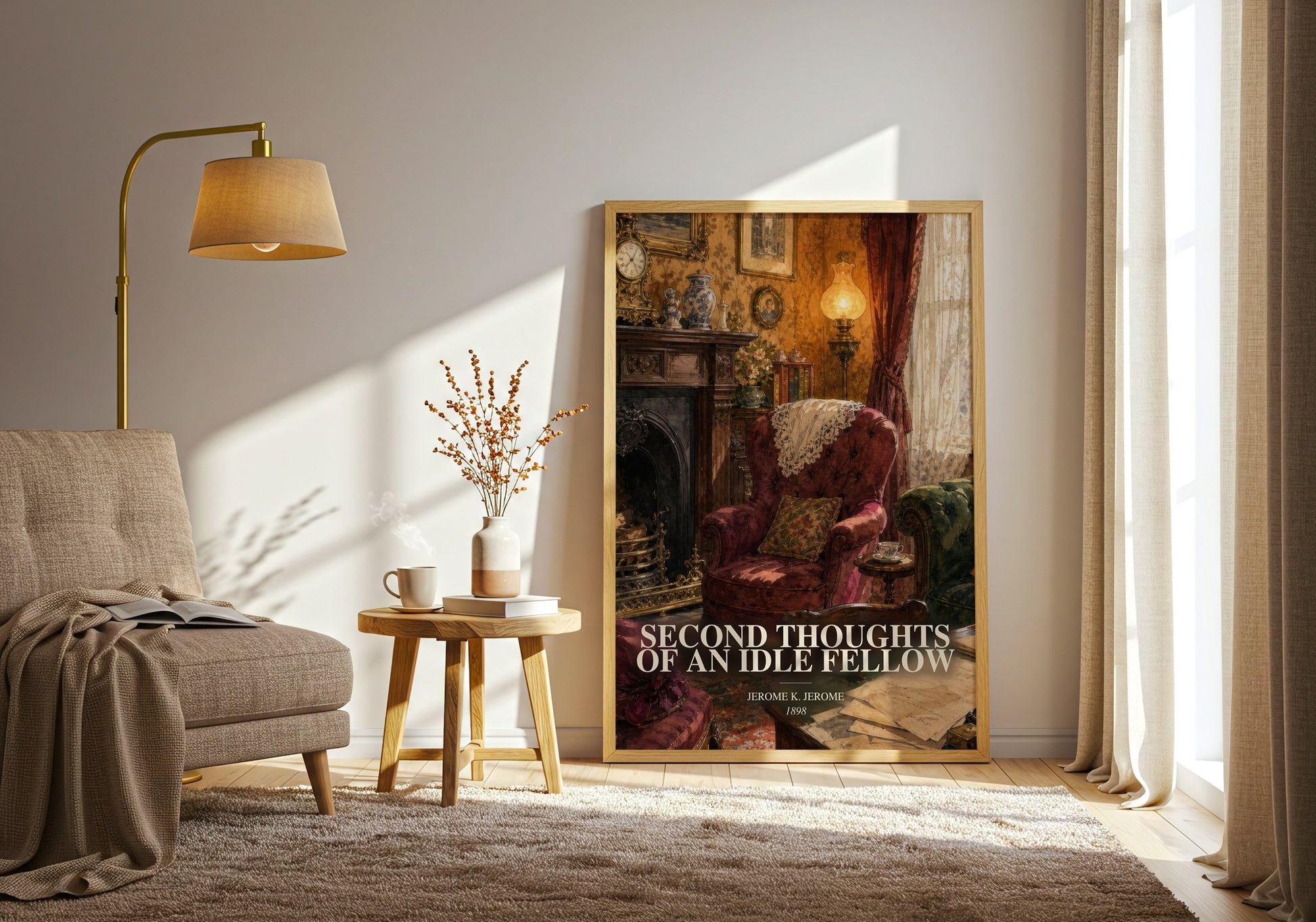 Second Thoughts Of An Idle Fellow watercolour print in frame leaning in hallway – satire wall art