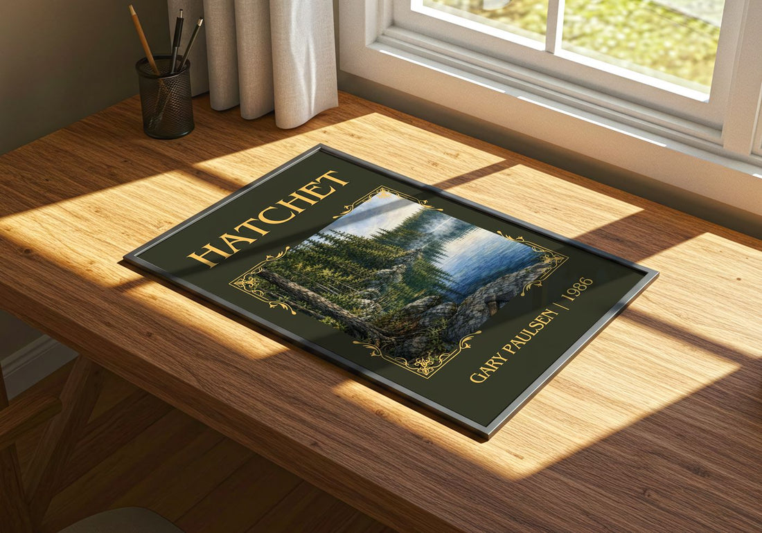 Hatchet Classic Book Art Print by Gary Paulsen – print on a sunlit desk