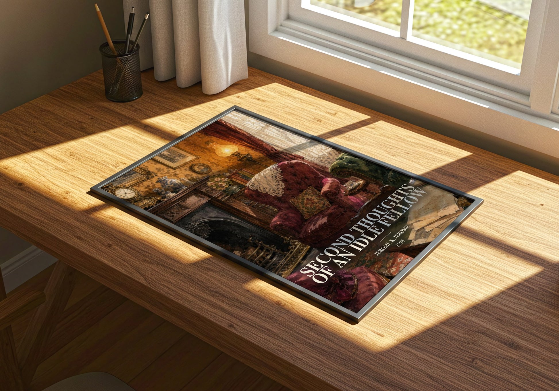 Second Thoughts Of An Idle Fellow watercolour book poster framed on wall – satire wall art