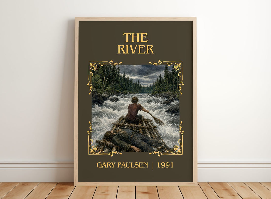 The River Classic Book Art Print by Gary Paulsen – framed print leaning on a wooden floor