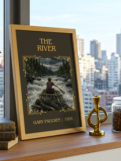 The River Classic Book Art Print by Gary Paulsen – framed print on a city-view windowsill