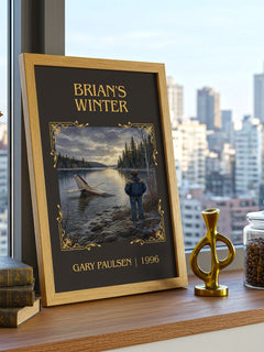 Brian's Winter Classic Book Art Print by Gary Paulsen – framed print on a city-view windowsill