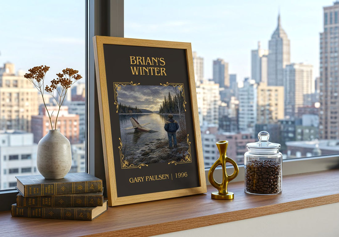 Brian's Winter Classic Book Art Print by Gary Paulsen – framed print on a city-view windowsill