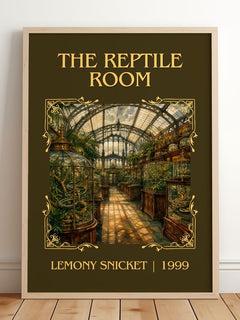 The Reptile Room Classic Book Art Print by Lemony Snicket – framed print leaning on a wooden floor