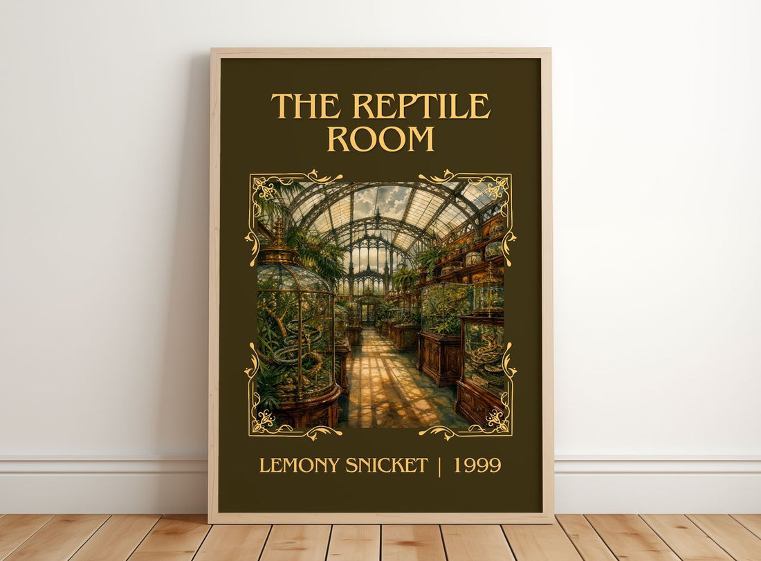 The Reptile Room Classic Book Art Print by Lemony Snicket – framed print leaning on a wooden floor