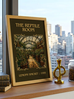 The Reptile Room Classic Book Art Print by Lemony Snicket – framed print on a city-view windowsill