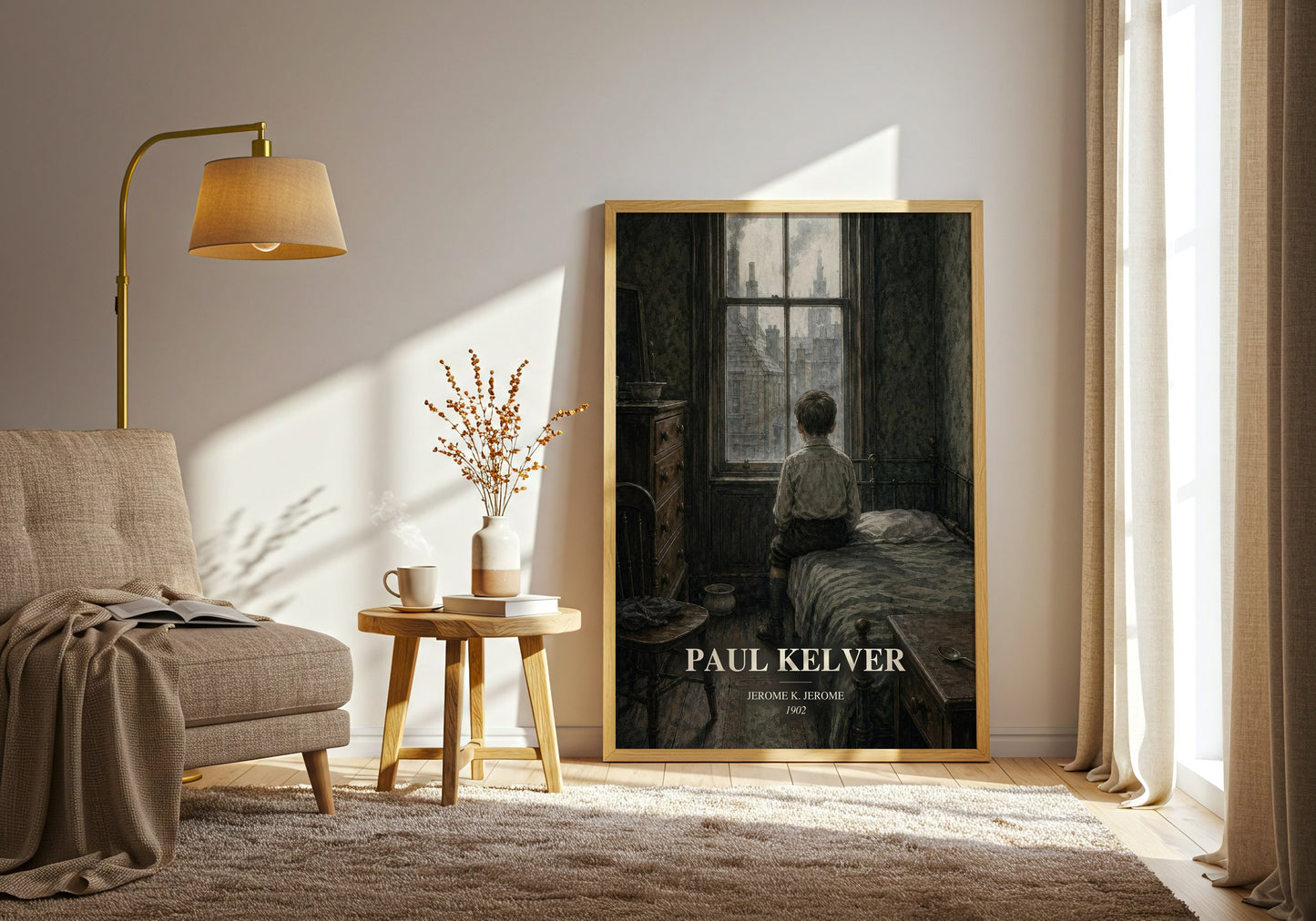 Paul Kelver watercolour print in frame leaning in hallway – literary fiction wall art