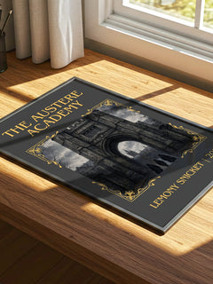 The Austere Academy Classic Book Art Print by Lemony Snicket – print on a sunlit desk