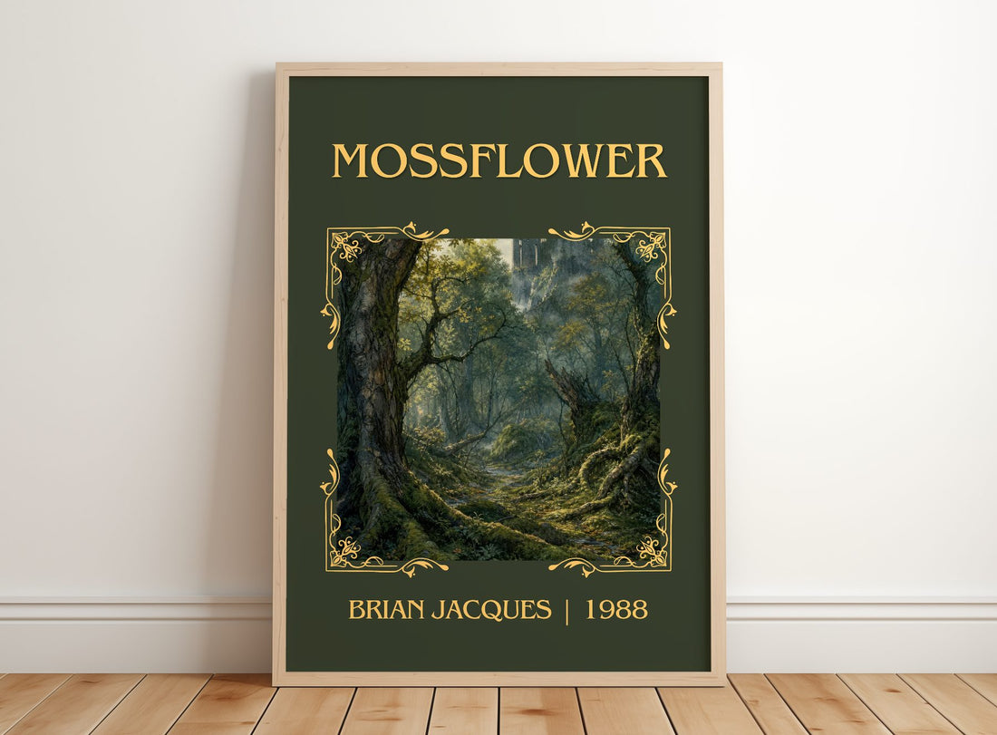 Mossflower Classic Book Art Print by Brian Jacques – framed print leaning on a wooden floor