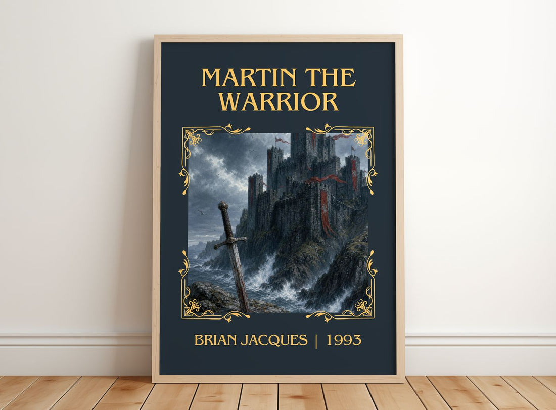 Martin the Warrior Classic Book Art Print by Brian Jacques – framed print leaning on a wooden floor