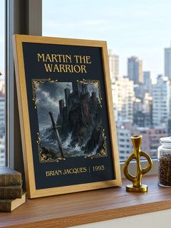 Martin the Warrior Classic Book Art Print by Brian Jacques – framed print on a city-view windowsill