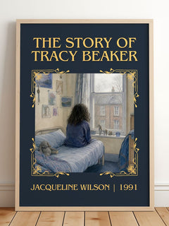 The Story of Tracy Beaker Classic Book Art Print by Jacqueline Wilson – framed print leaning on a wooden floor