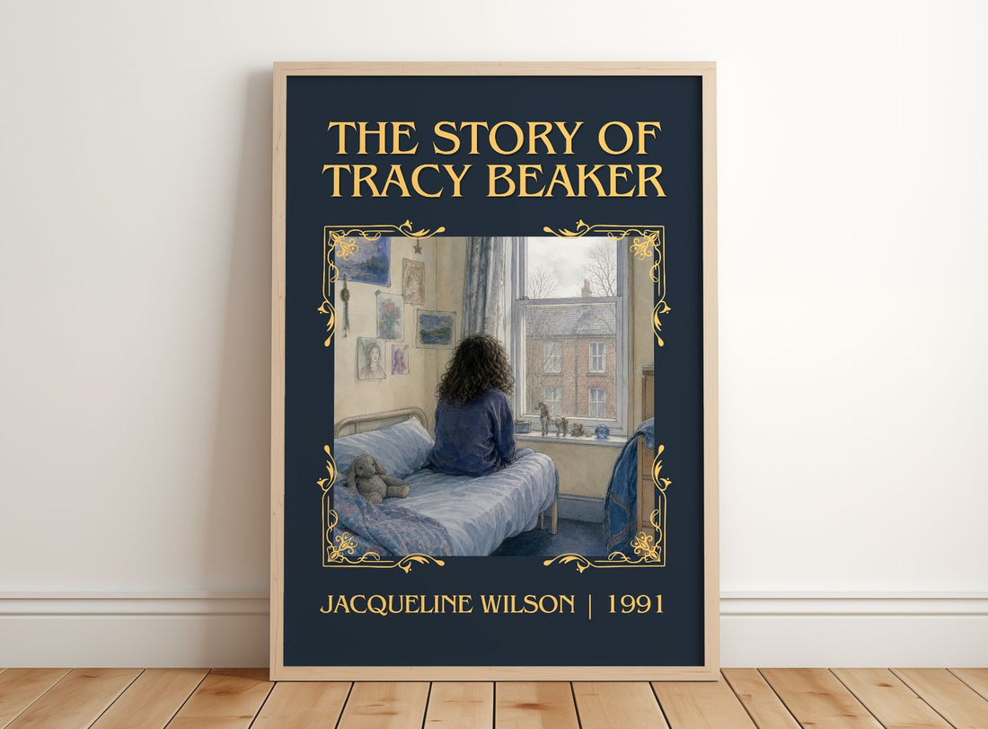 The Story of Tracy Beaker Classic Book Art Print by Jacqueline Wilson – framed print leaning on a wooden floor