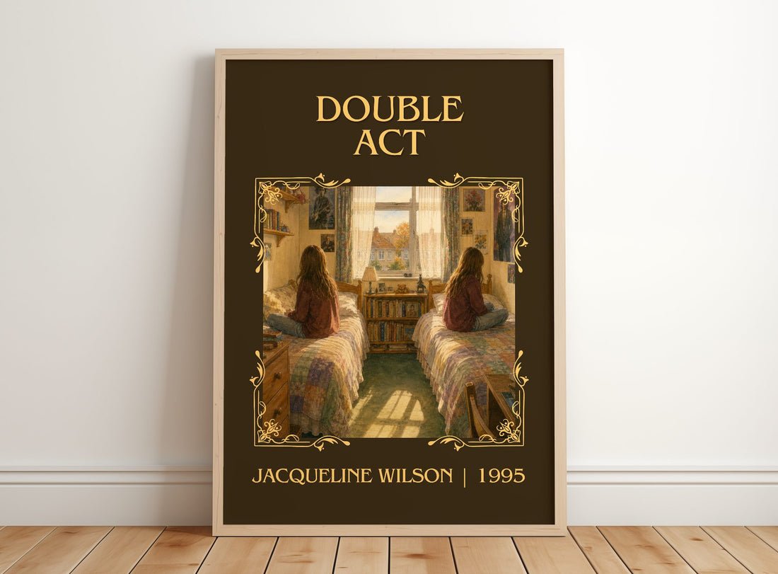 Double Act Classic Book Art Print by Jacqueline Wilson – framed print leaning on a wooden floor