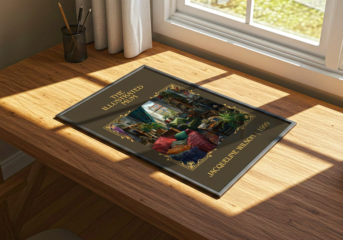 The Illustrated Mum Classic Book Art Print by Jacqueline Wilson – print on a sunlit desk