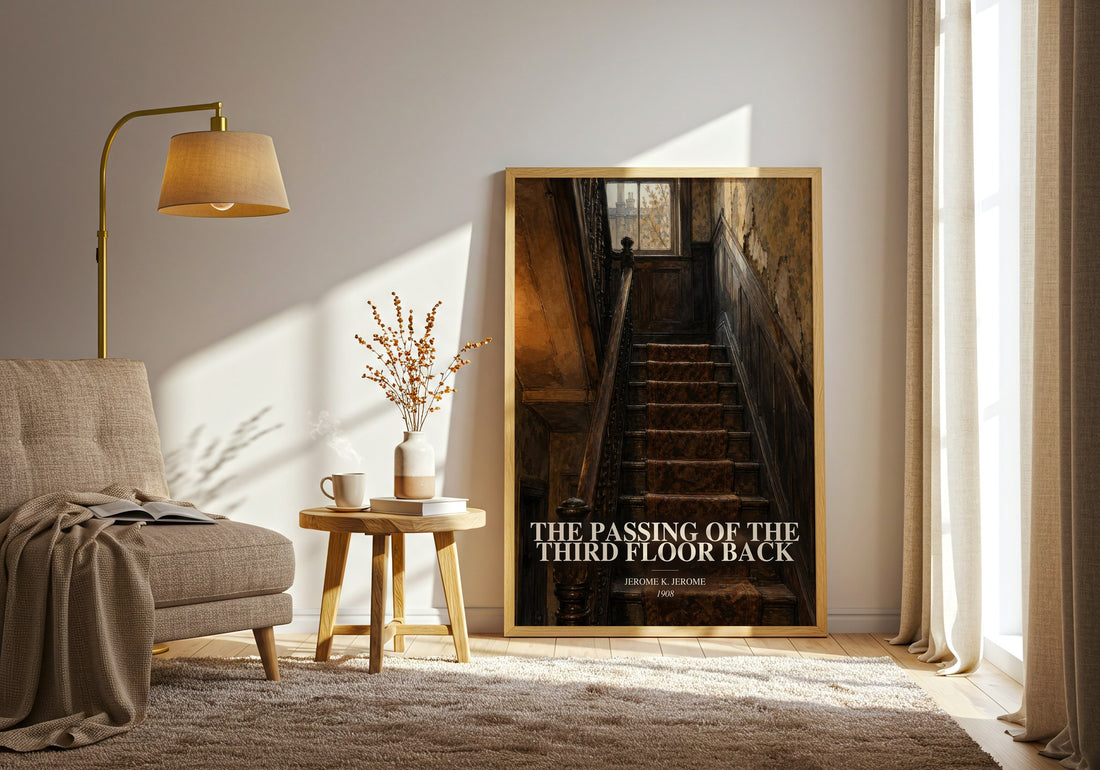 The Passing Of The Third Floor Back watercolour print in frame leaning in hallway – literary fiction wall art (mockup)