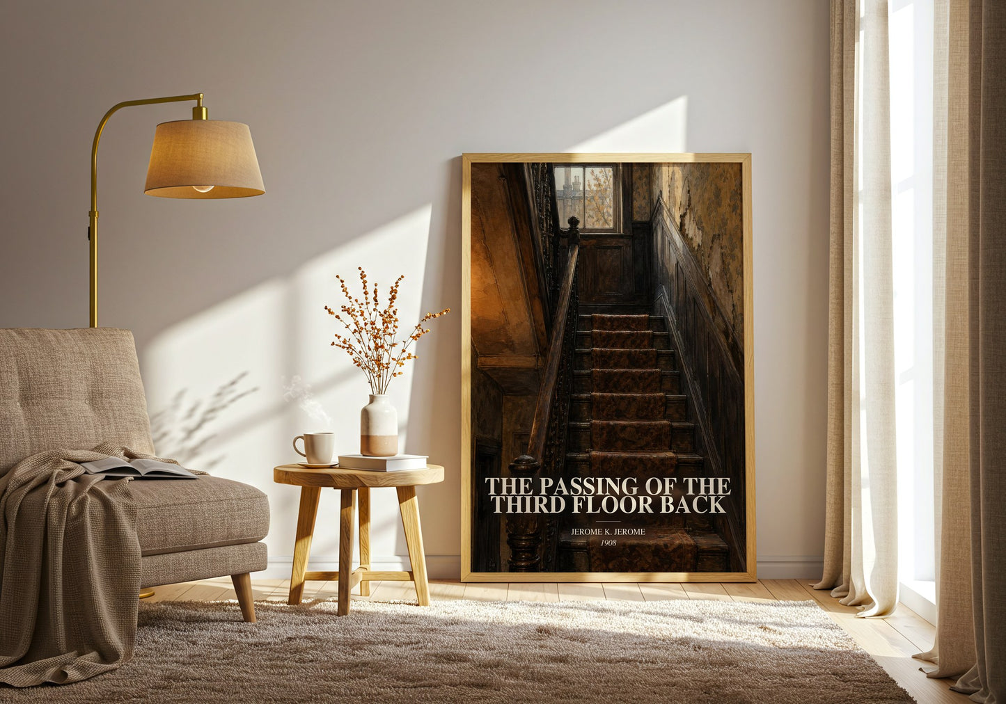 The Passing Of The Third Floor Back watercolour print in frame leaning in hallway – literary fiction wall art
