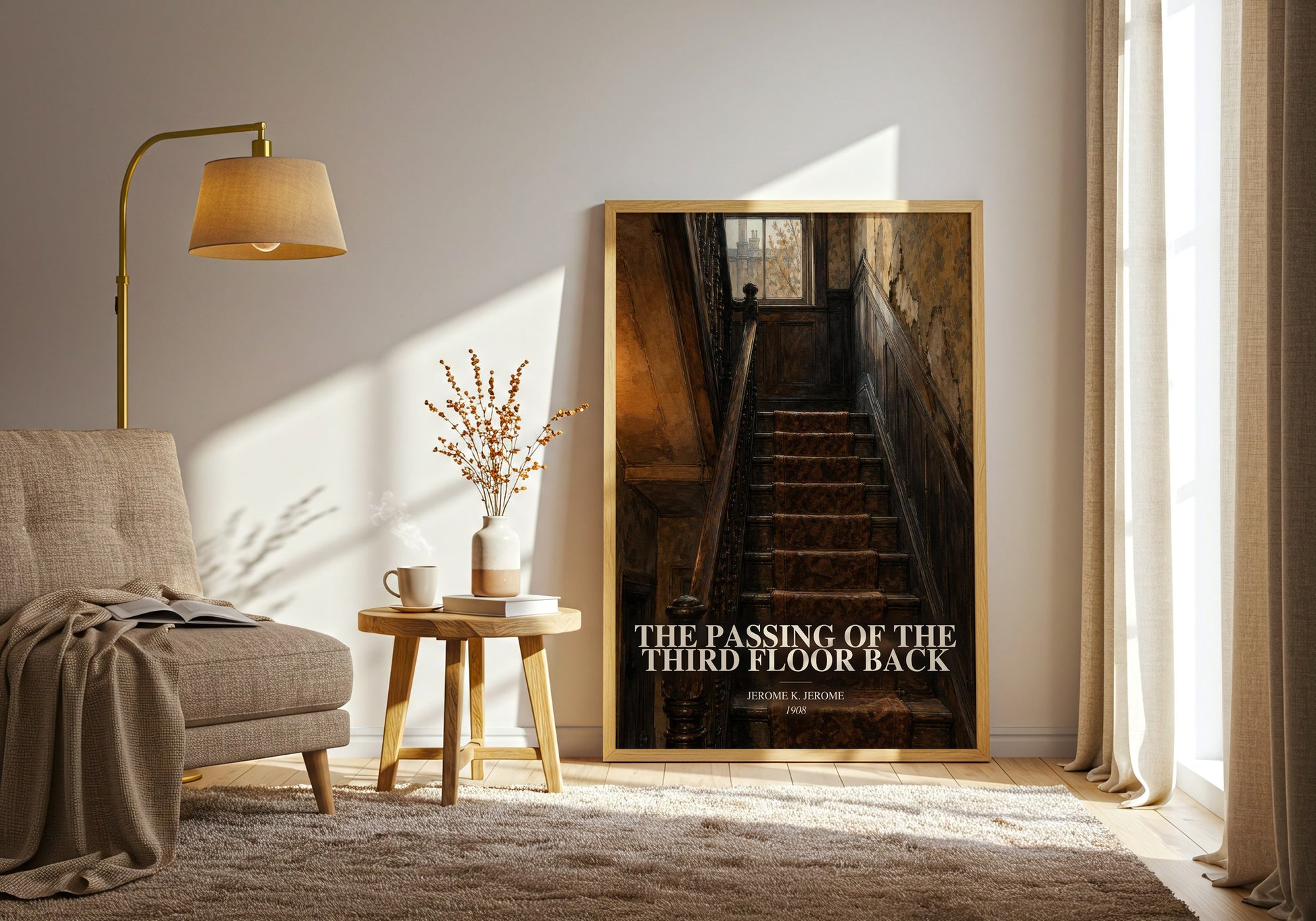 The Passing Of The Third Floor Back watercolour print in frame leaning in hallway – literary fiction wall art