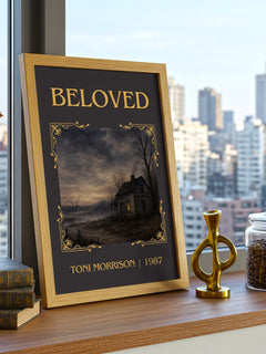 Beloved Classic Book Art Print by Toni Morrison – framed print on a city-view windowsill