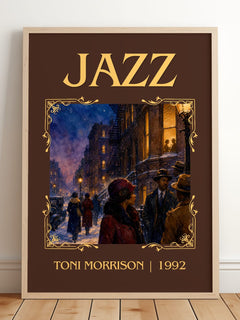 Jazz Classic Book Art Print by Toni Morrison – framed print leaning on a wooden floor