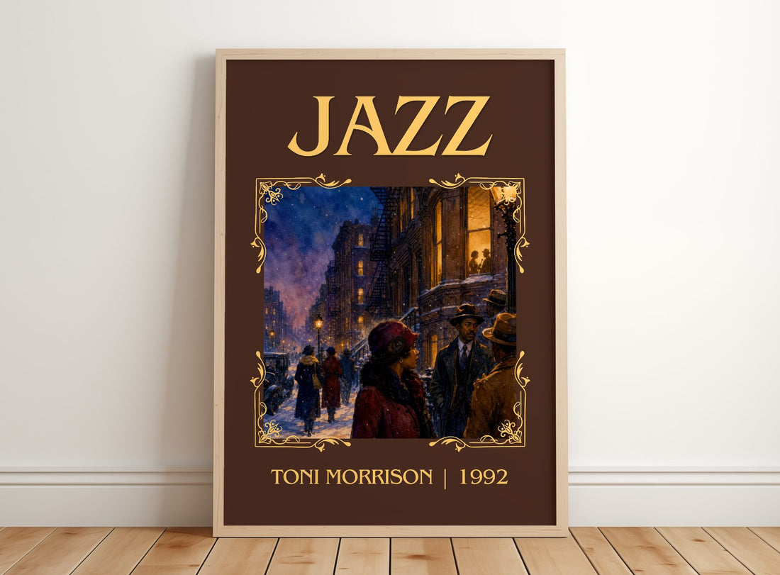 Jazz Classic Book Art Print by Toni Morrison – framed print leaning on a wooden floor