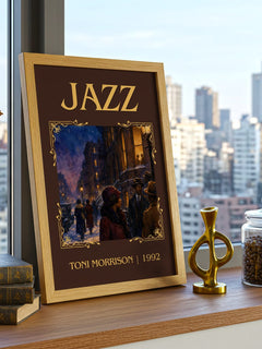 Jazz Classic Book Art Print by Toni Morrison – framed print on a city-view windowsill