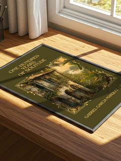 One Hundred Years of Solitude Classic Book Art Print by G. Márquez – print on a sunlit desk