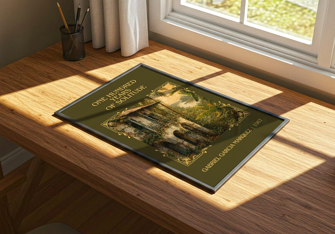 One Hundred Years of Solitude Classic Book Art Print by G. Márquez – print on a sunlit desk