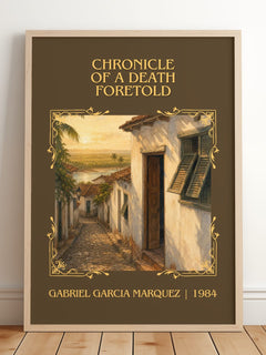 Chronicle of a Death Foretold Classic Book Art Print by G. Márquez – framed print leaning on a wooden floor