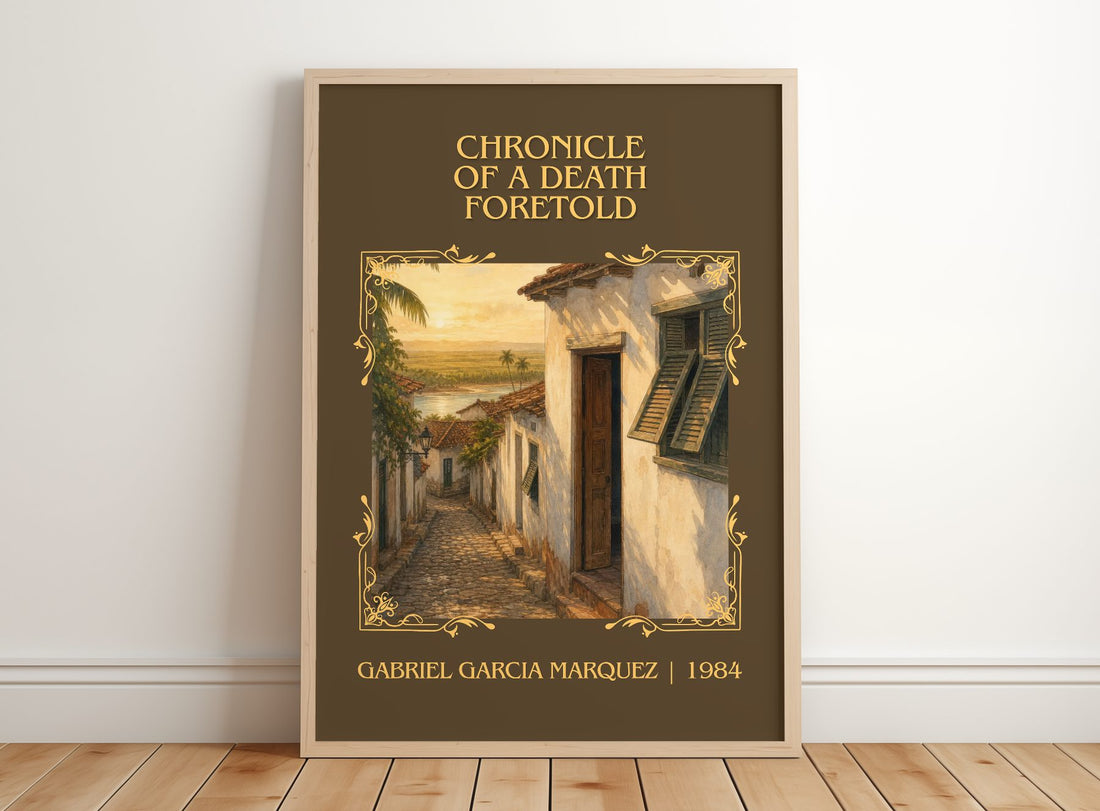 Chronicle of a Death Foretold Classic Book Art Print by G. Márquez – framed print leaning on a wooden floor