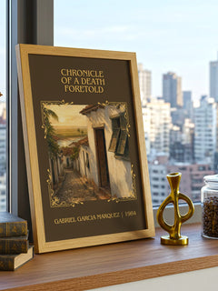 Chronicle of a Death Foretold Classic Book Art Print by G. Márquez – framed print on a city-view windowsill