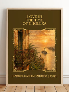 Love in the Time of Cholera Classic Book Art Print by G. Márquez – framed print leaning on a wooden floor