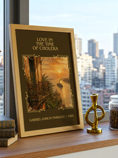 Love in the Time of Cholera Classic Book Art Print by G. Márquez – framed print on a city-view windowsill