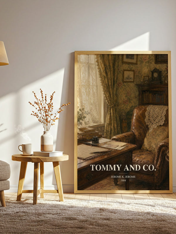 Tommy And Co. watercolour print in frame leaning in hallway – satire wall art