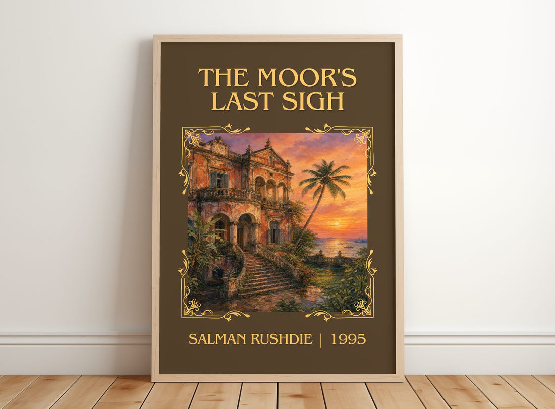 The Moor's Last Sigh Classic Book Art Print by Salman Rushdie – framed print leaning on a wooden floor