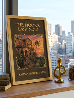 The Moor's Last Sigh Classic Book Art Print by Salman Rushdie – framed print on a city-view windowsill