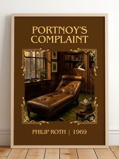 Portnoy's Complaint Classic Book Art Print by Philip Roth – framed print leaning on a wooden floor