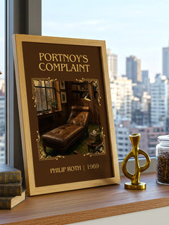 Portnoy's Complaint Classic Book Art Print by Philip Roth – framed print on a city-view windowsill