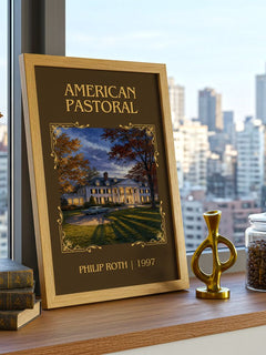 American Pastoral Classic Book Art Print by Philip Roth – framed print on a city-view windowsill