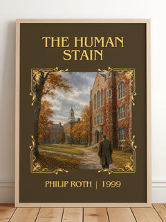 The Human Stain Classic Book Art Print by Philip Roth – framed print leaning on a wooden floor