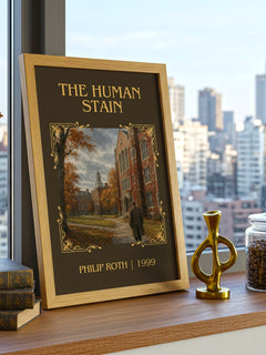 The Human Stain Classic Book Art Print by Philip Roth – framed print on a city-view windowsill