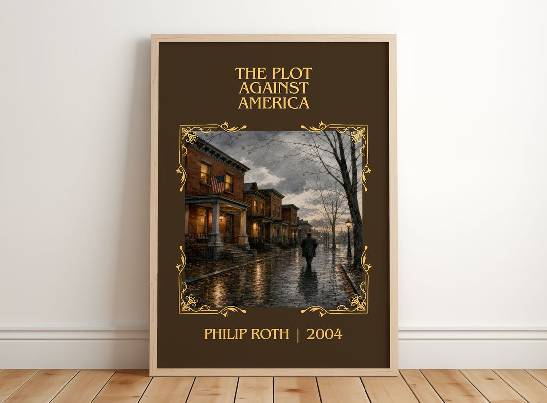 The Plot Against America Classic Book Art Print by Philip Roth – framed print leaning on a wooden floor